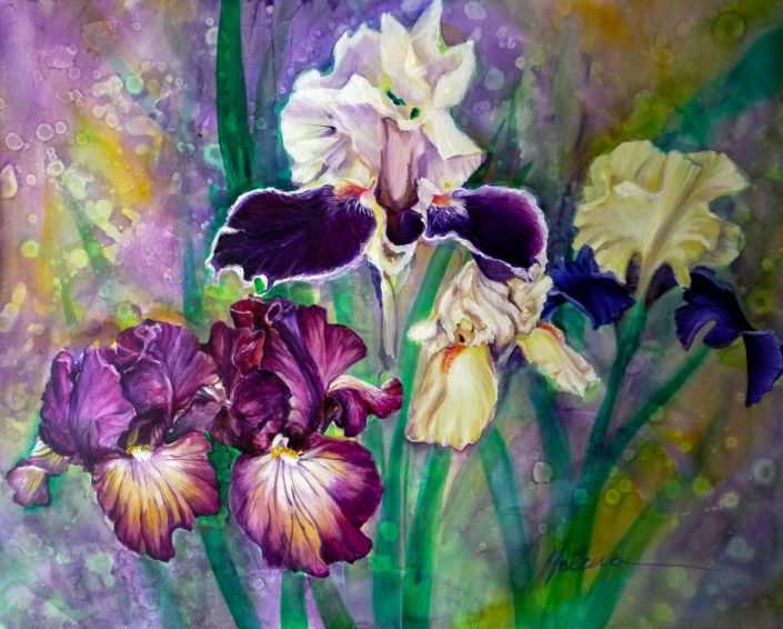 A painting of purple irises