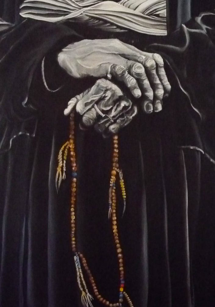 Painting of old hands holding beads