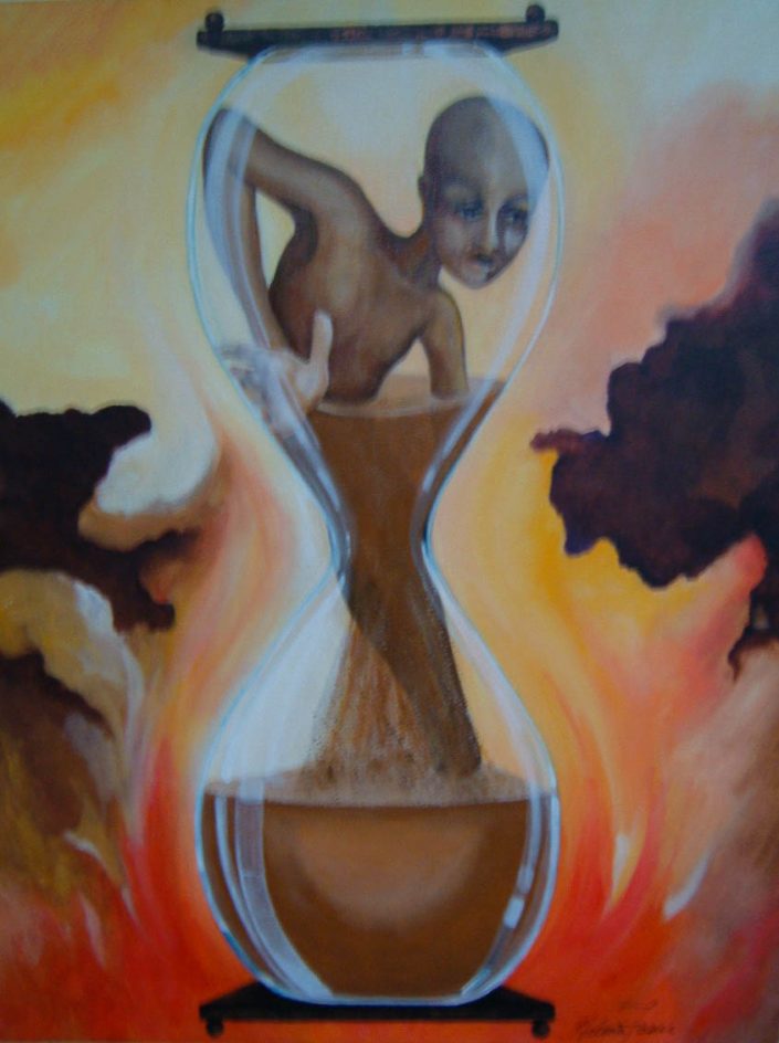 Painting of a person stuck in an hourglass