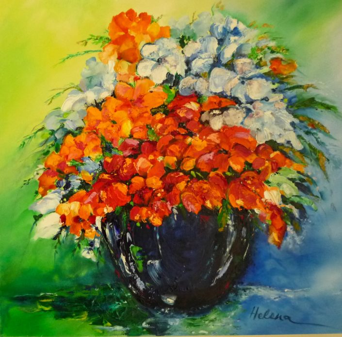 A painting of orange flowers in a blue vase