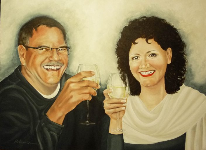 Painting of a couple dining