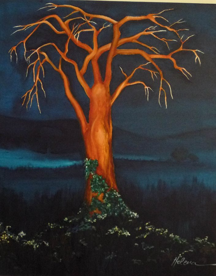 A painting of a tree in the night-time with vines crawling up the trunk