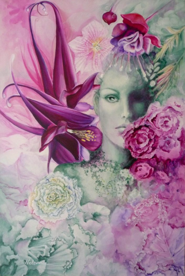 A painting of pink flowers over a photo