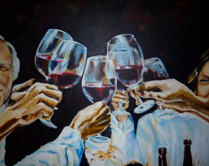 Painting of glasses being raised in a toast